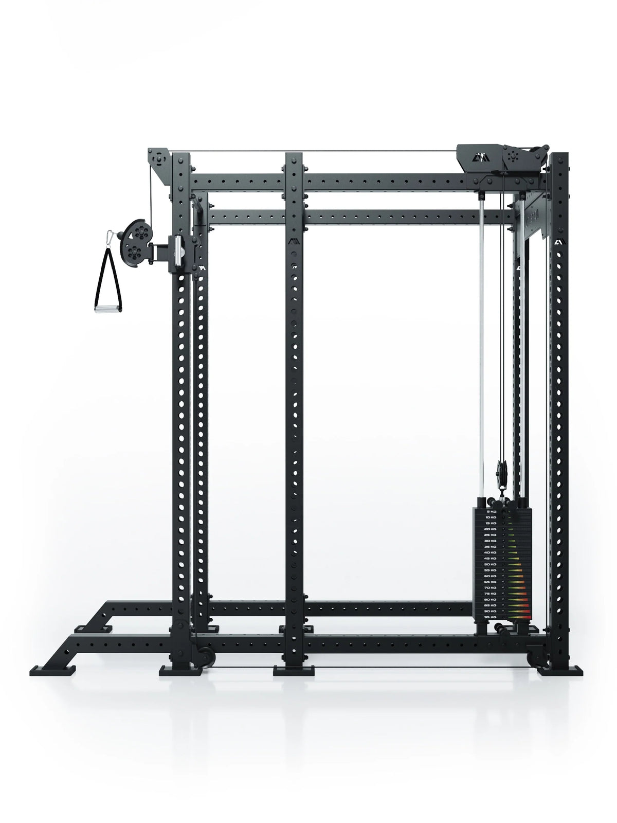 Atletica R8 Bradley 210 lb cable pulley attachment with 16.5-inch crossbar on a black power rack, front view