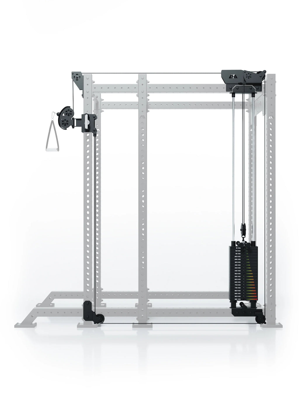 Atletica R8 Bradley 190 lb cable pulley attachment, 16.5-inch crossbar, highlighted on faded rack, front view