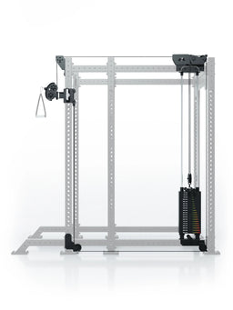 Atletica R8 Bradley 190 lb cable pulley attachment, 16.5-inch crossbar, highlighted on faded rack, front view