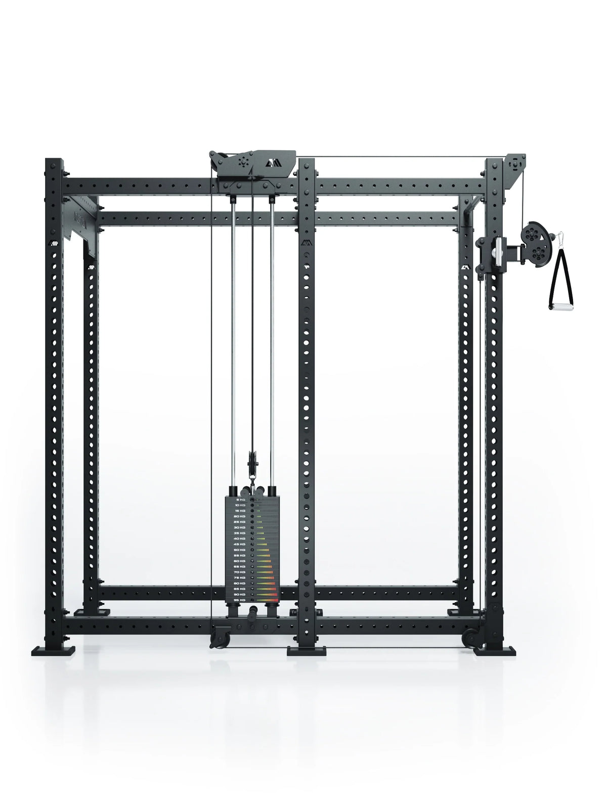 Atletica R8 Bradley 210 lb cable pulley attachment, left, 30.5 inch crossbar, on black rack, side view