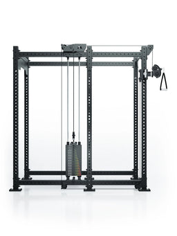 Atletica R8 Bradley 190 lb cable pulley attachment, left, 30.5 inch crossbar, on black rack, side view
