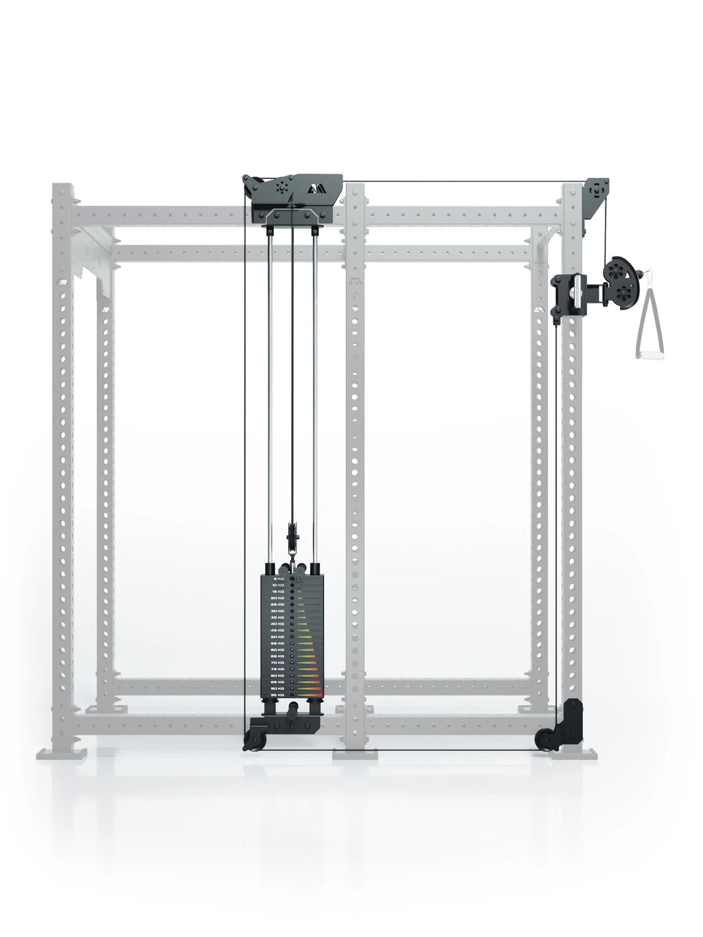 Atletica R8 Bradley 190 lb cable pulley attachment, left, 30.5 inch crossbar, on faded rack, side view