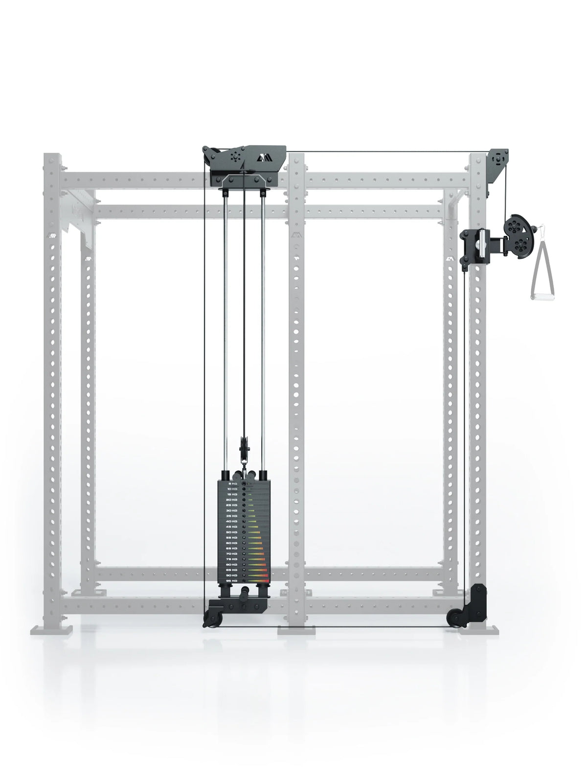Atletica R8 Bradley 210 lb cable pulley attachment, left, 30.5 inch crossbar, on faded rack, side view