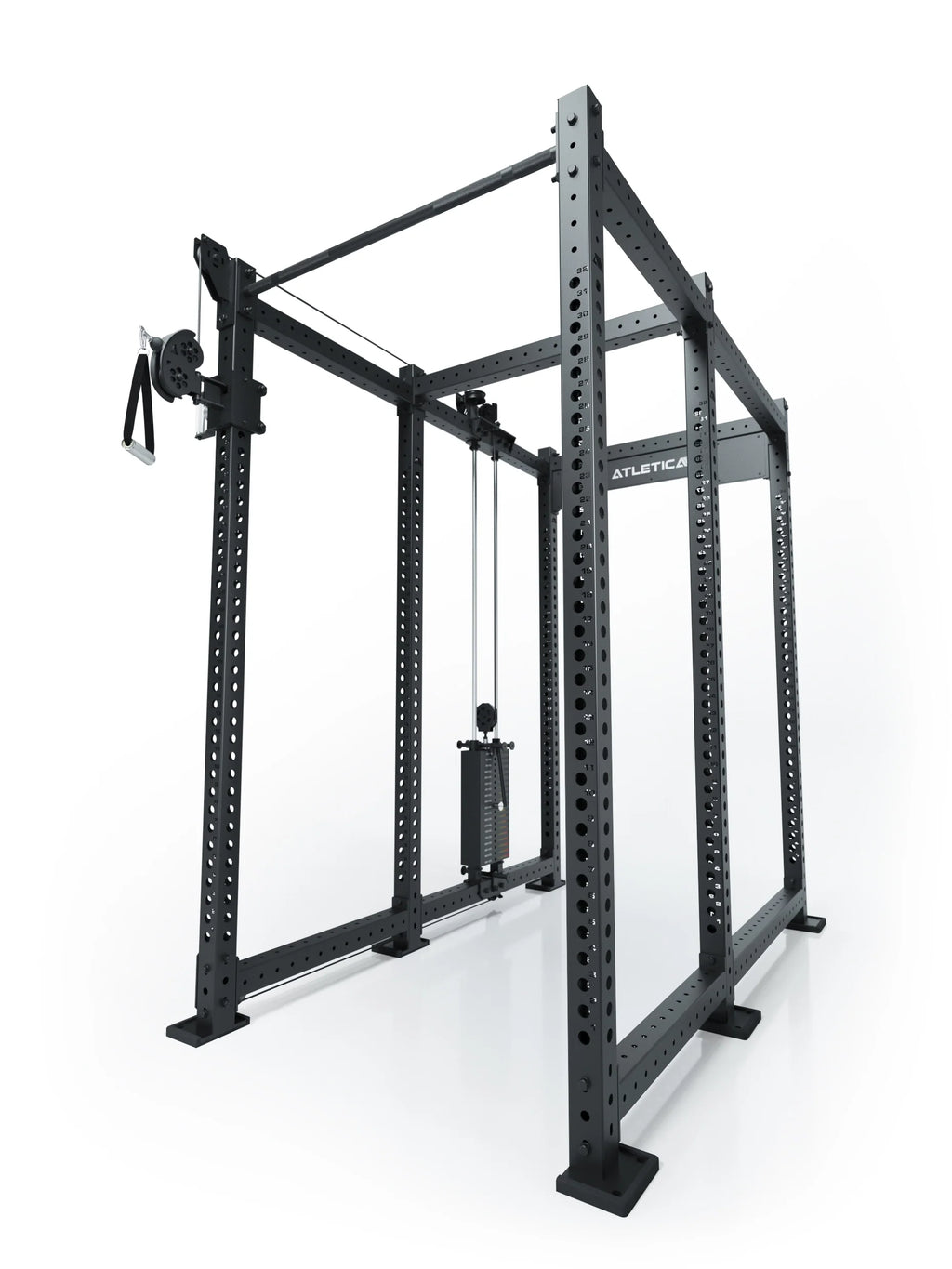 Atletica R8 Bradley rack with 190 lb left cable pulley attachment on 30.5-inch crossbar, angled view