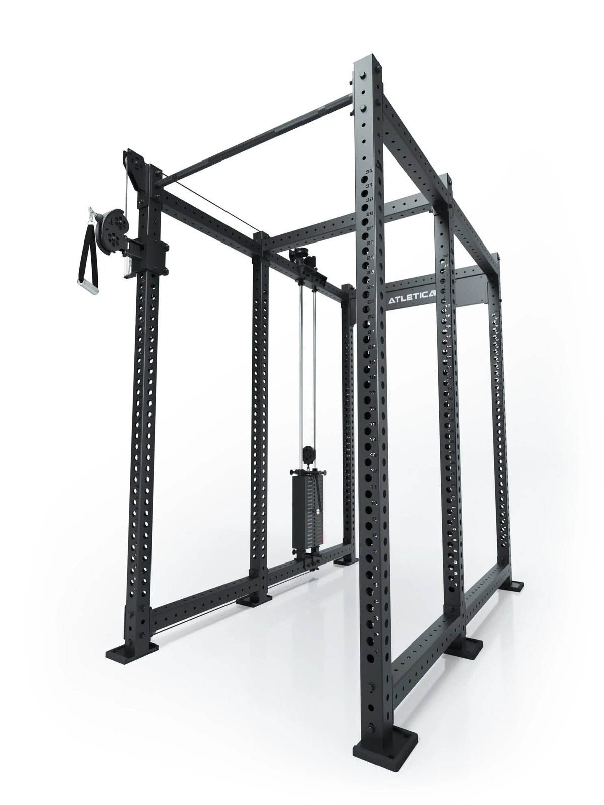 Atletica R8 Bradley rack with 190 lb left cable pulley attachment on 30.5-inch crossbar, angled view