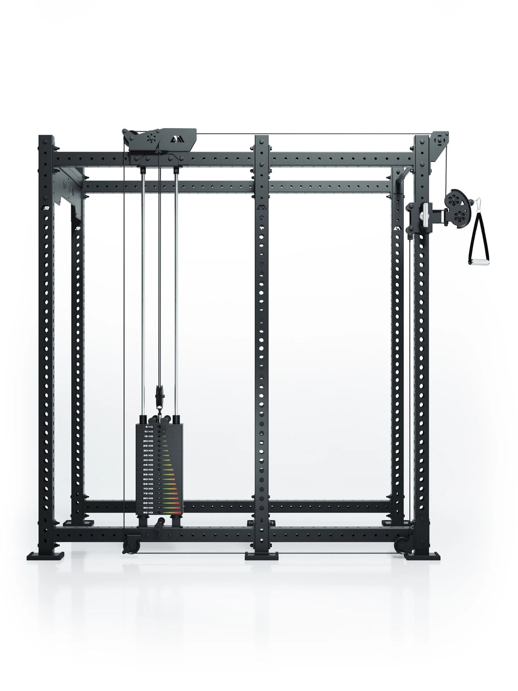 Atletica R8 Bradley rack with 190 lb left cable pulley attachment, weight stack, front view