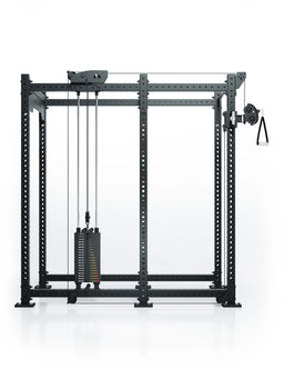 Atletica R8 Bradley rack with 190 lb left cable pulley attachment, weight stack, front view