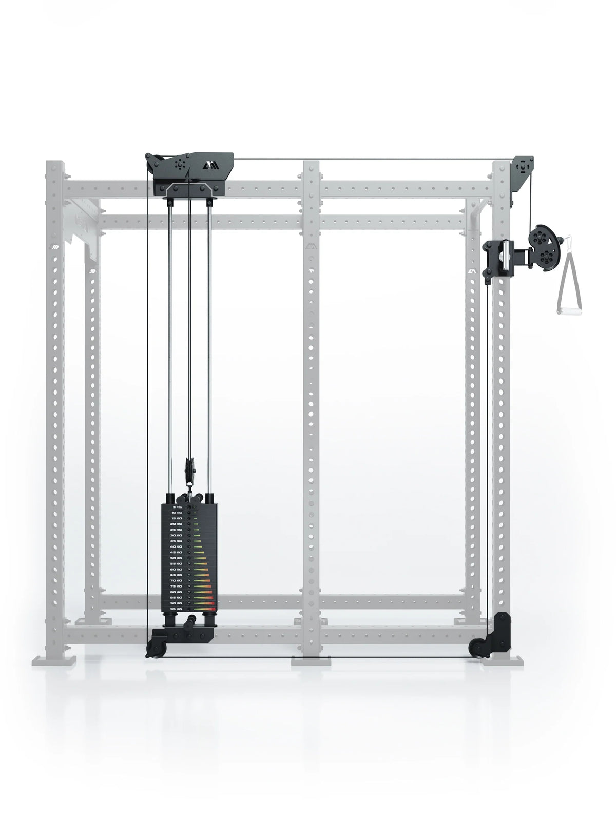 Atletica R8 Bradley 190 lb cable pulley attachment, left, highlighted on the rack, front view