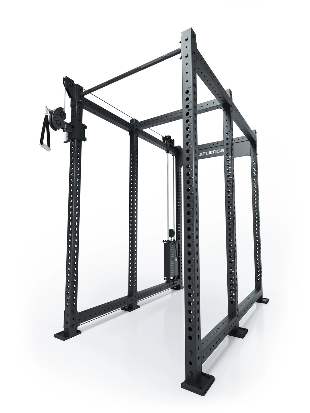 Atletica R8 Bradley 190 lb cable pulley attachment, left, 30.5 inch crossbar, mounted on a black rack, angled view