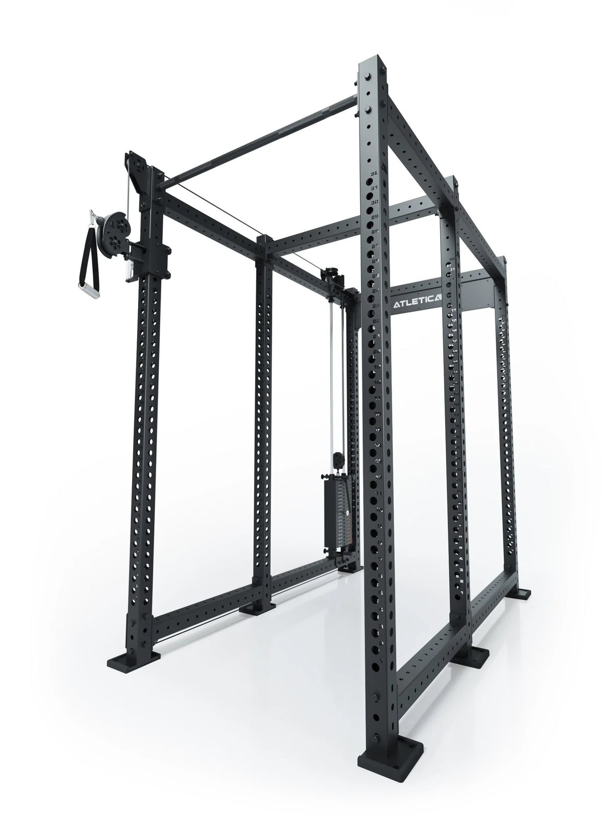 Atletica R8 Bradley 190 lb cable pulley attachment, left, 30.5 inch crossbar, mounted on a black rack, angled view