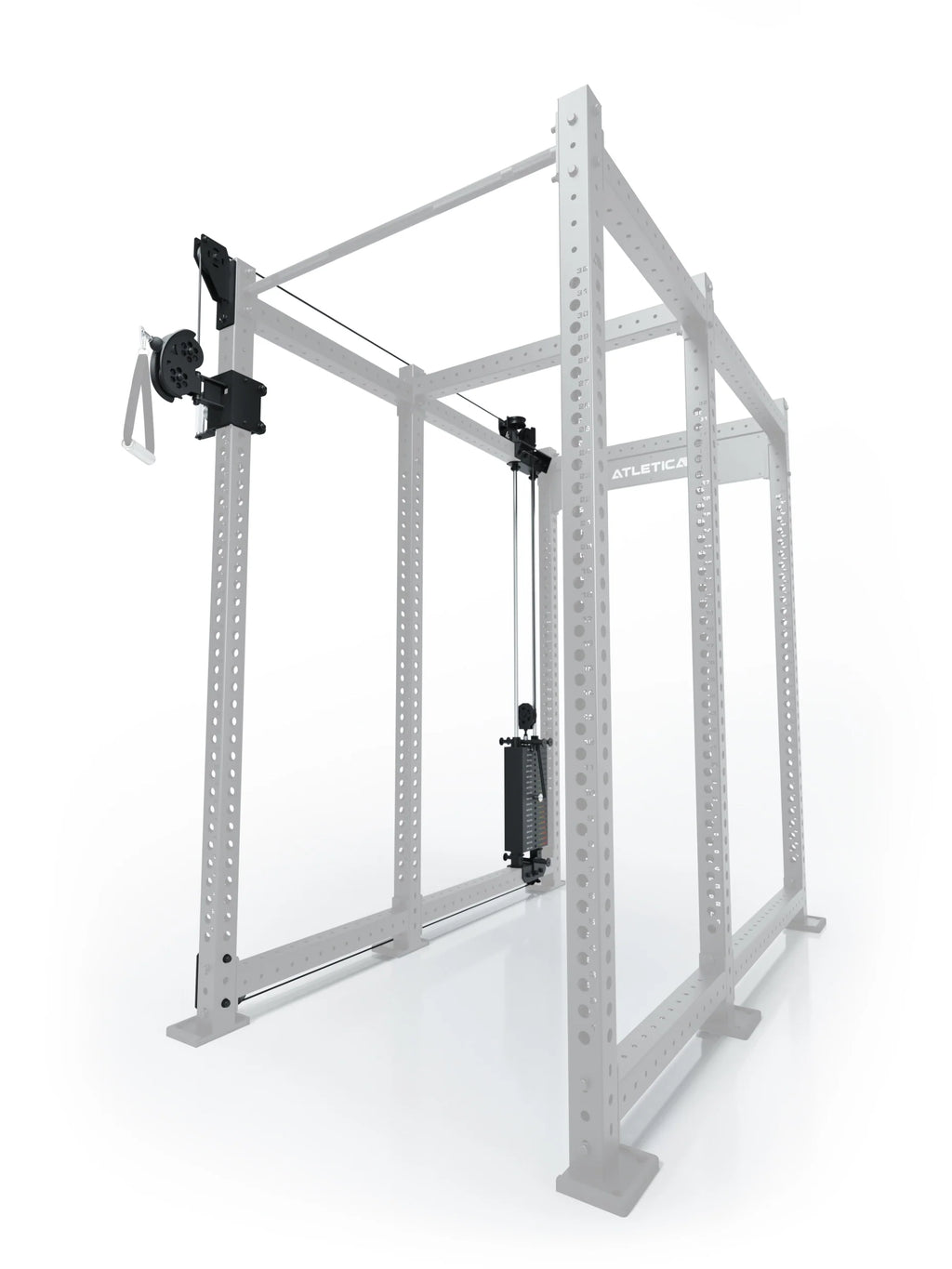 Atletica R8 Bradley 190 lb cable pulley attachment, left side, 30.5-inch crossbar, position 6, angled view