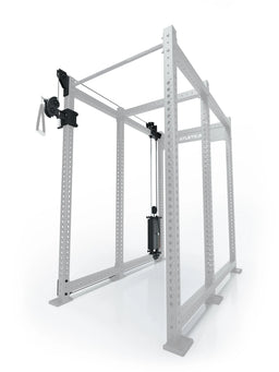 Atletica R8 Bradley 190 lb cable pulley attachment, left side, 30.5-inch crossbar, position 6, angled view