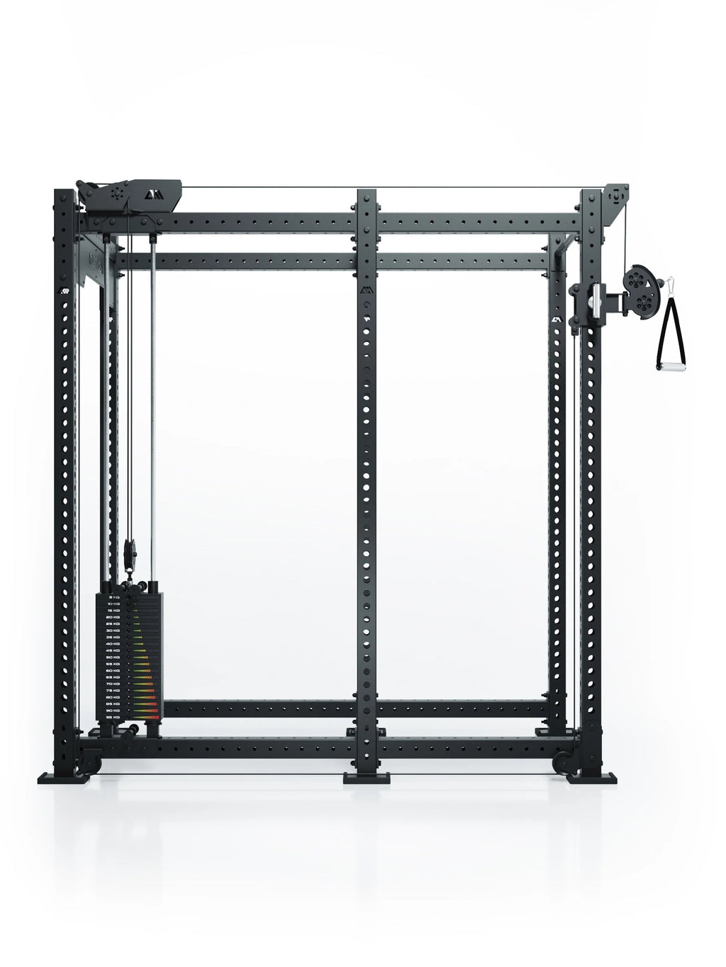 Atletica R8 Bradley 190 lb cable pulley attachment, left, 30.5 inch crossbar, mounted on a black rack, front view