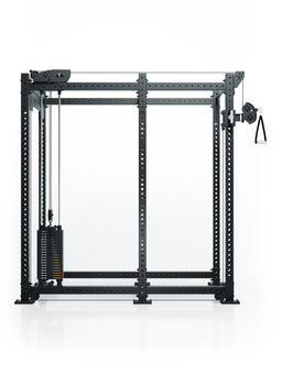 Atletica R8 Bradley 190 lb cable pulley attachment, left, 30.5 inch crossbar, mounted on a black rack, front view