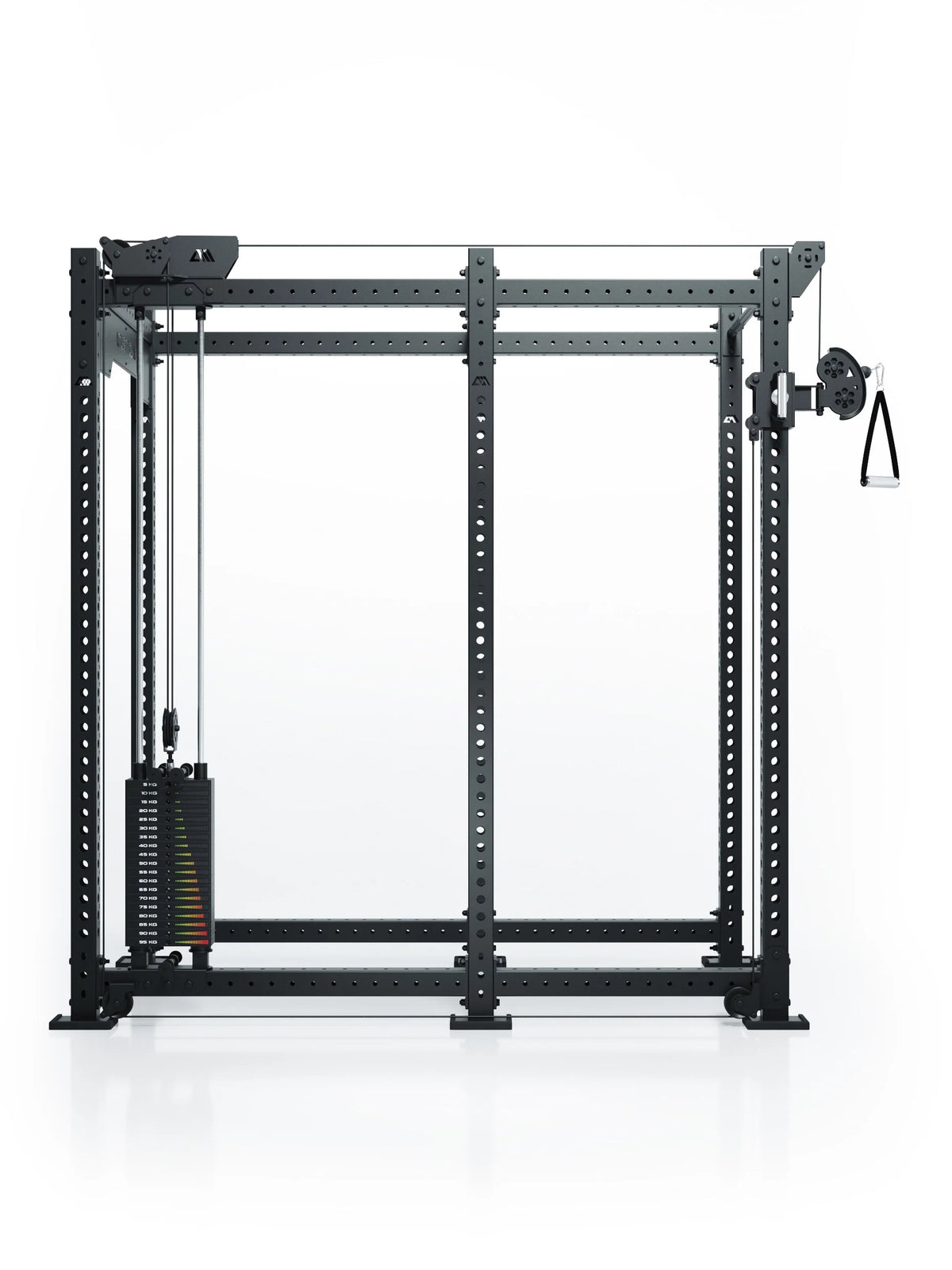 Atletica R8 Bradley 190 lb cable pulley attachment, left, 30.5 inch crossbar, mounted on a black rack, front view