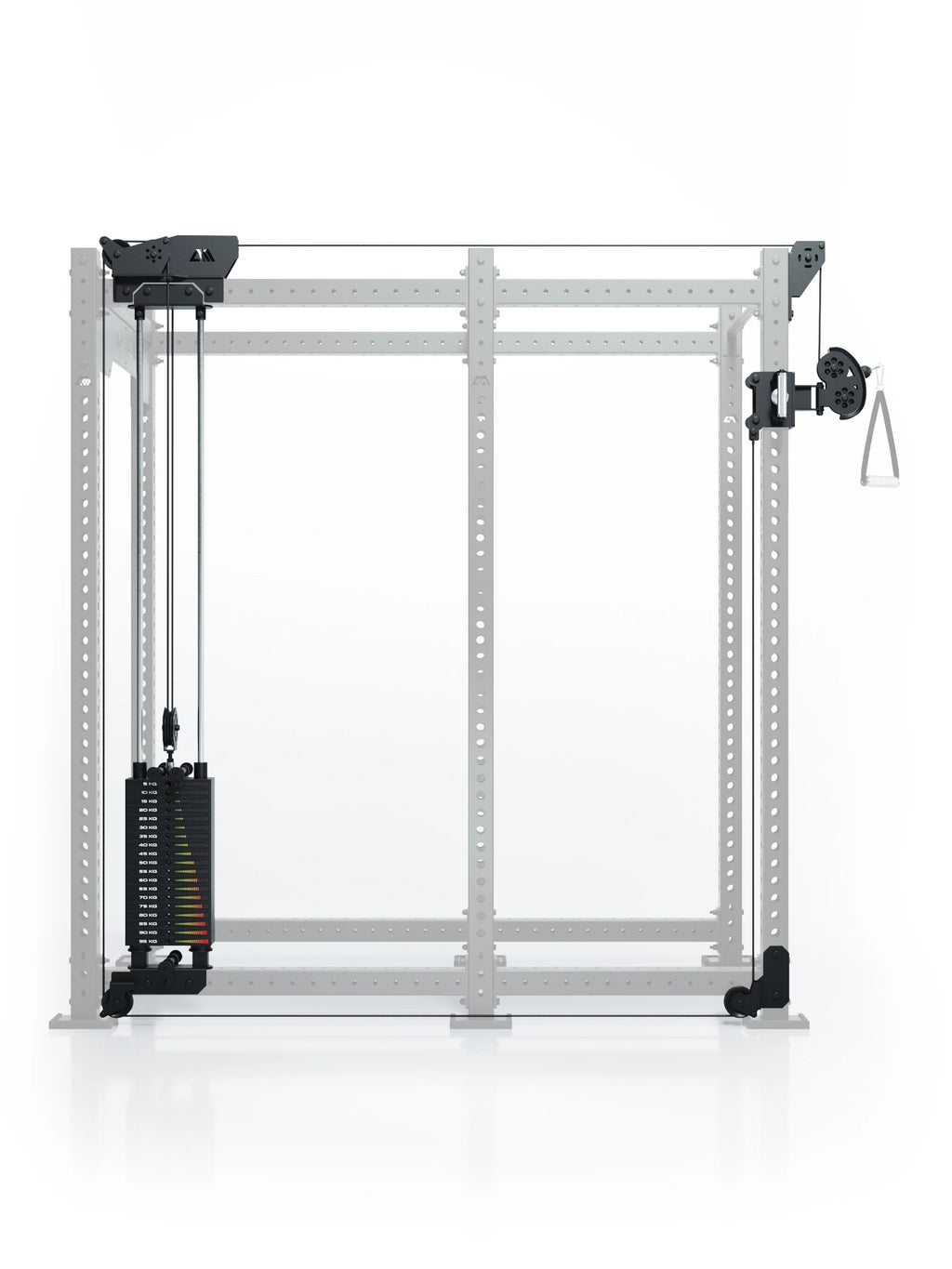 Atletica R8 Bradley 190 lb cable pulley attachment, left, 30.5 inch crossbar, on a gray rack outline, front view