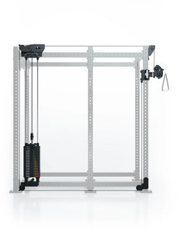 Atletica R8 Bradley 190 lb cable pulley attachment, left, 30.5 inch crossbar, on a gray rack outline, front view