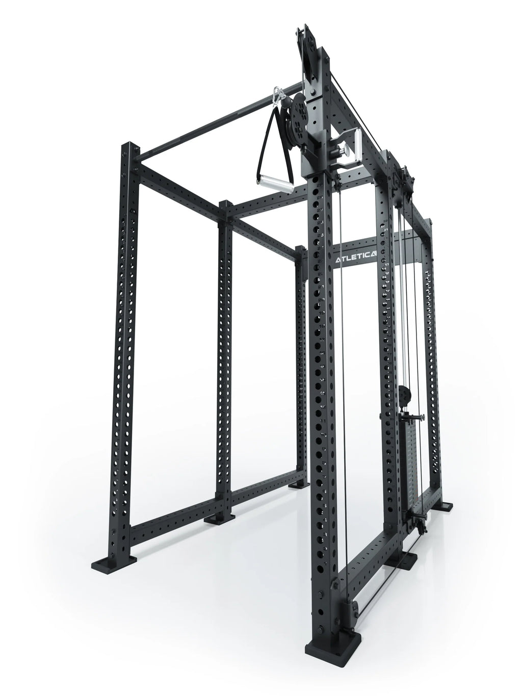 Atletica R8 Bradley 190 lb cable pulley attachment mounted right on the black rack, angled view