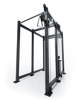 Atletica R8 Bradley 190 lb cable pulley attachment mounted right on the black rack, angled view