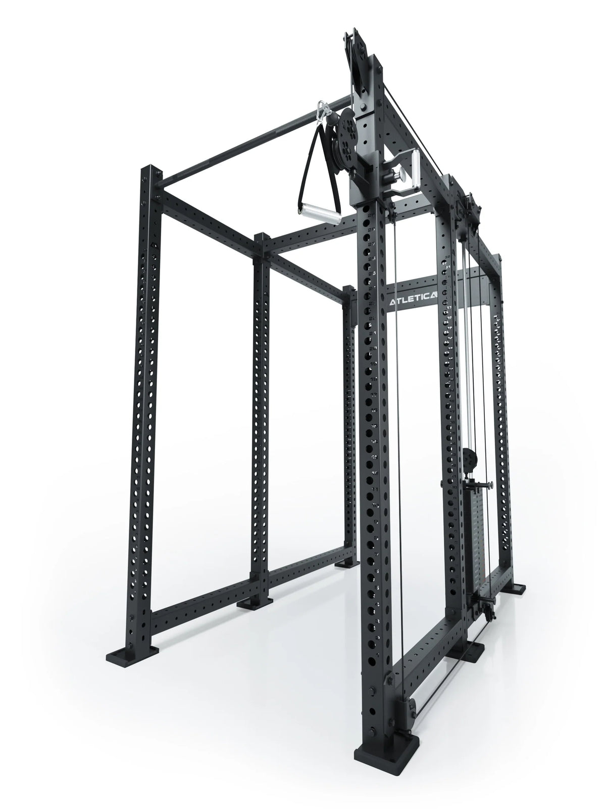 Atletica R8 Bradley 190 lb cable pulley attachment mounted right on the black rack, angled view