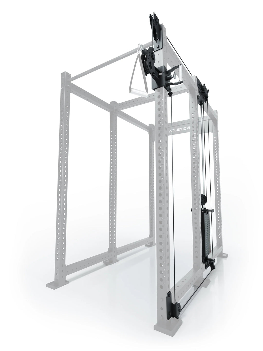 Atletica R8 Bradley 190 lb cable pulley attachment, right side, 30.5-inch crossbar, position 4, angled view