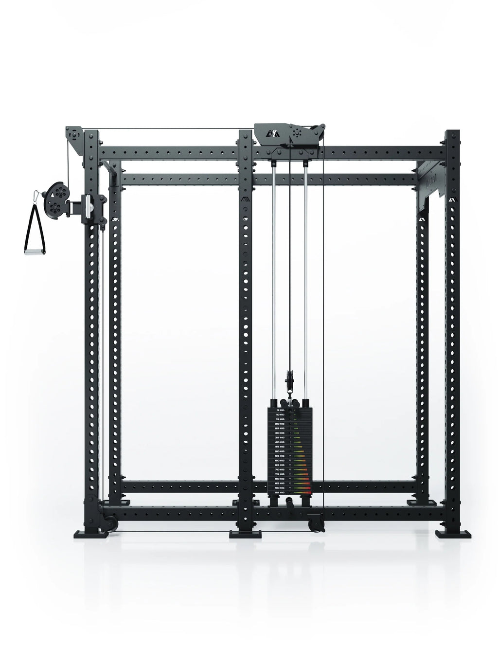 Atletica R8 Bradley 190 lb cable pulley attachment mounted right on the black rack, front view