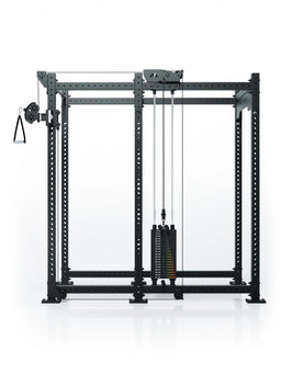 Atletica R8 Bradley 190 lb cable pulley attachment mounted right on the black rack, front view