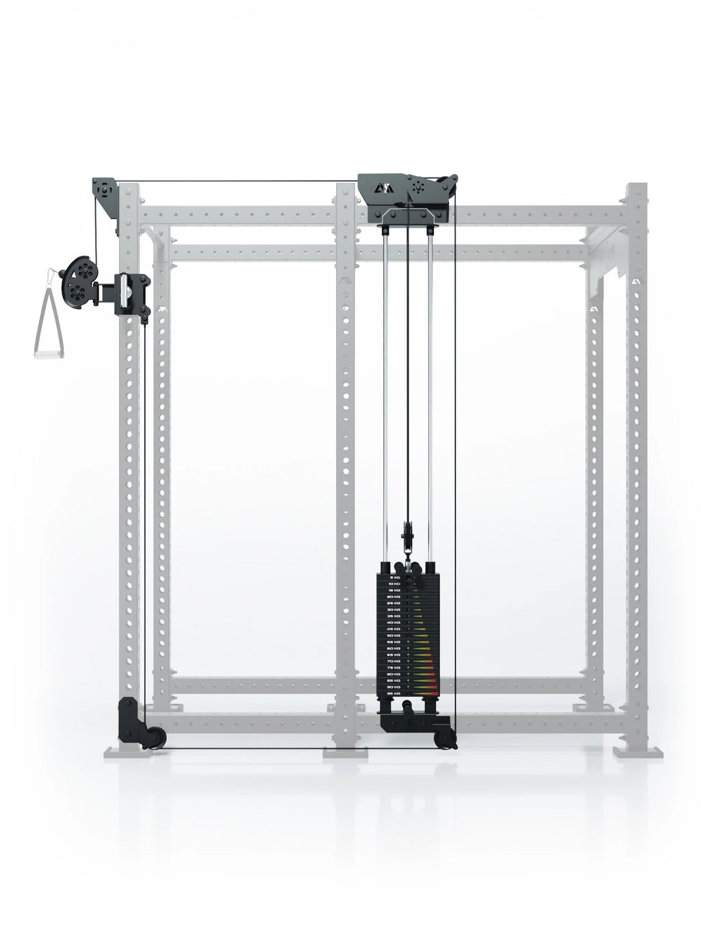 Atletica R8 Bradley 190 lb cable pulley attachment, right side, highlighted on a faded rack, front view