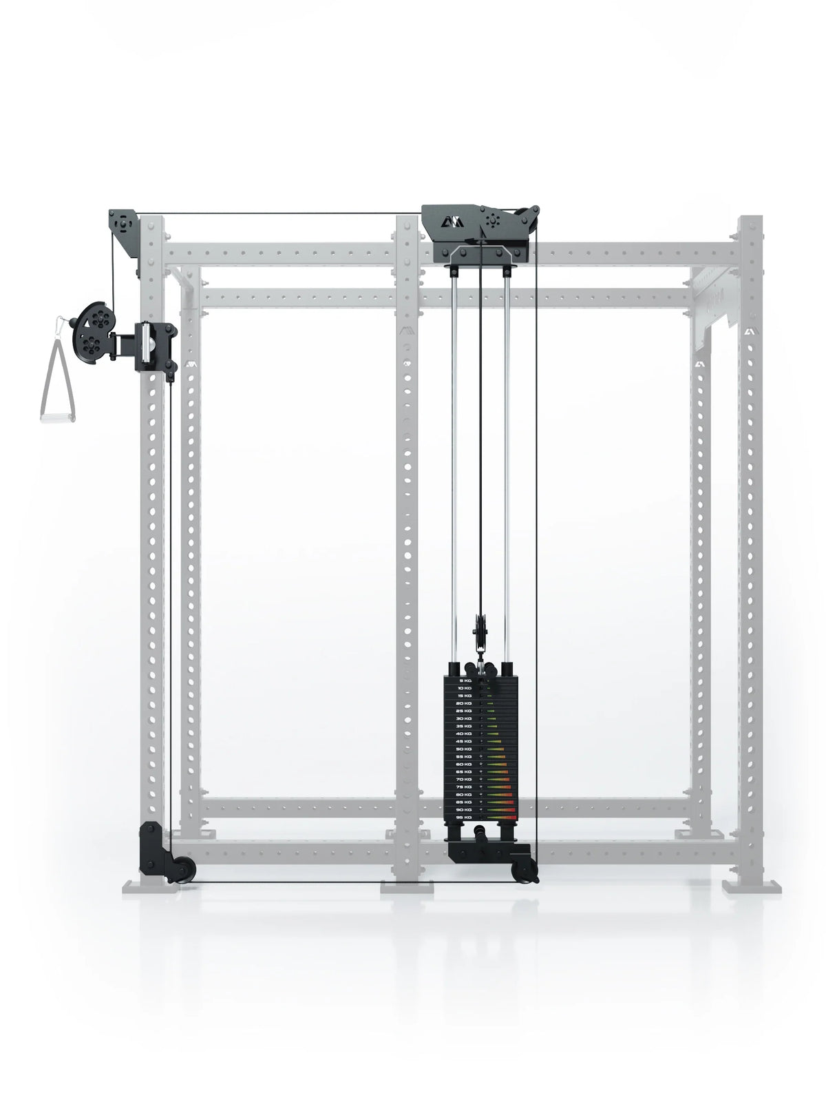 Atletica R8 Bradley 210 lb cable pulley attachment, right side, highlighted on a faded rack, front view