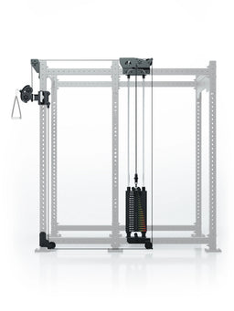 Atletica R8 Bradley 190 lb cable pulley attachment, right side, highlighted on a faded rack, front view