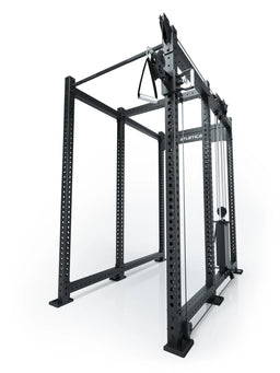 Atletica R8 Bradley 190 lb cable pulley attachment, right, 30.5-inch crossbar, position 5, angled view on black rack