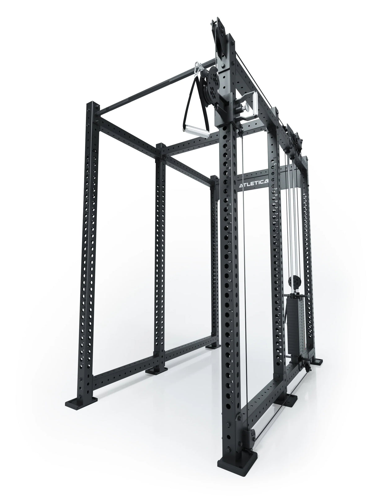 Atletica R8 Bradley 190 lb cable pulley attachment, right, 30.5-inch crossbar, position 5, angled view on black rack