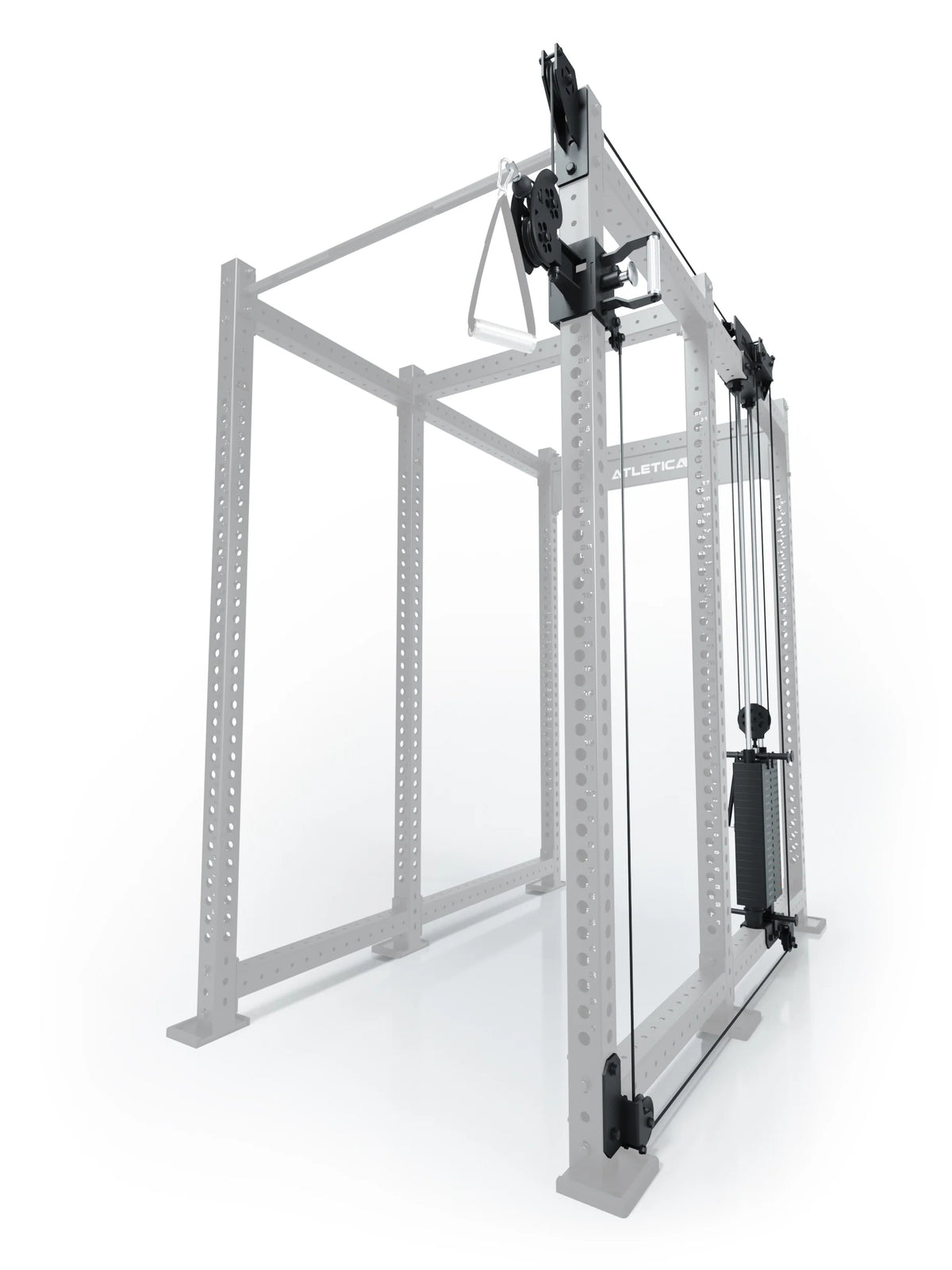 Atletica R8 Bradley 190 lb cable pulley attachment, right side, 30.5-inch crossbar, position 5, angled view