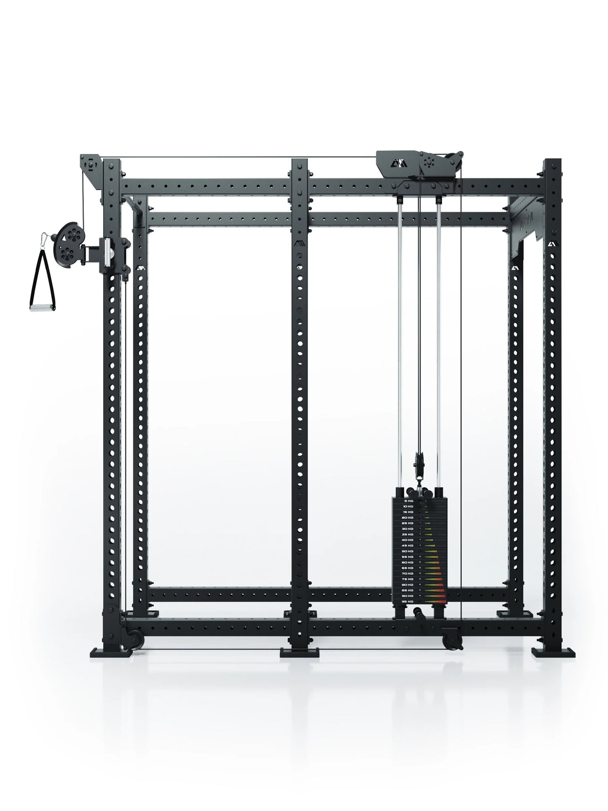 Atletica R8 Bradley 210 lb cable pulley attachment, right, 30.5-inch crossbar, position 5, front view on black rack