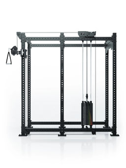 Atletica R8 Bradley 190 lb cable pulley attachment, right, 30.5-inch crossbar, position 5, front view on black rack