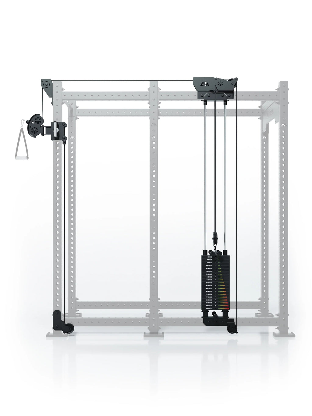 Atletica R8 Bradley 190 lb cable pulley attachment, right, 30.5-inch crossbar, position 5, front view on gray rack
