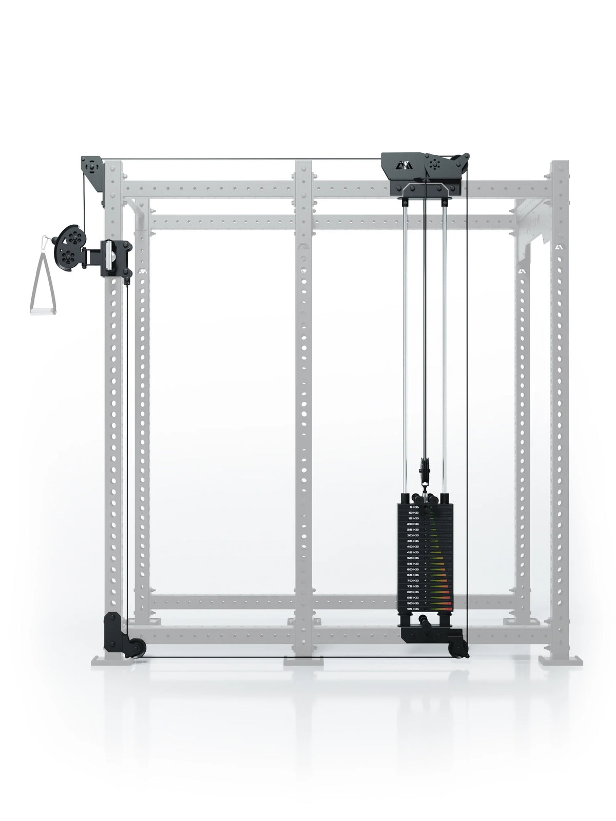 Atletica R8 Bradley 210 lb cable pulley attachment, right, 30.5-inch crossbar, position 5, front view on gray rack