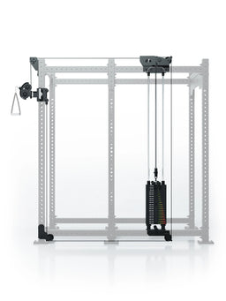 Atletica R8 Bradley 190 lb cable pulley attachment, right, 30.5-inch crossbar, position 5, front view on gray rack