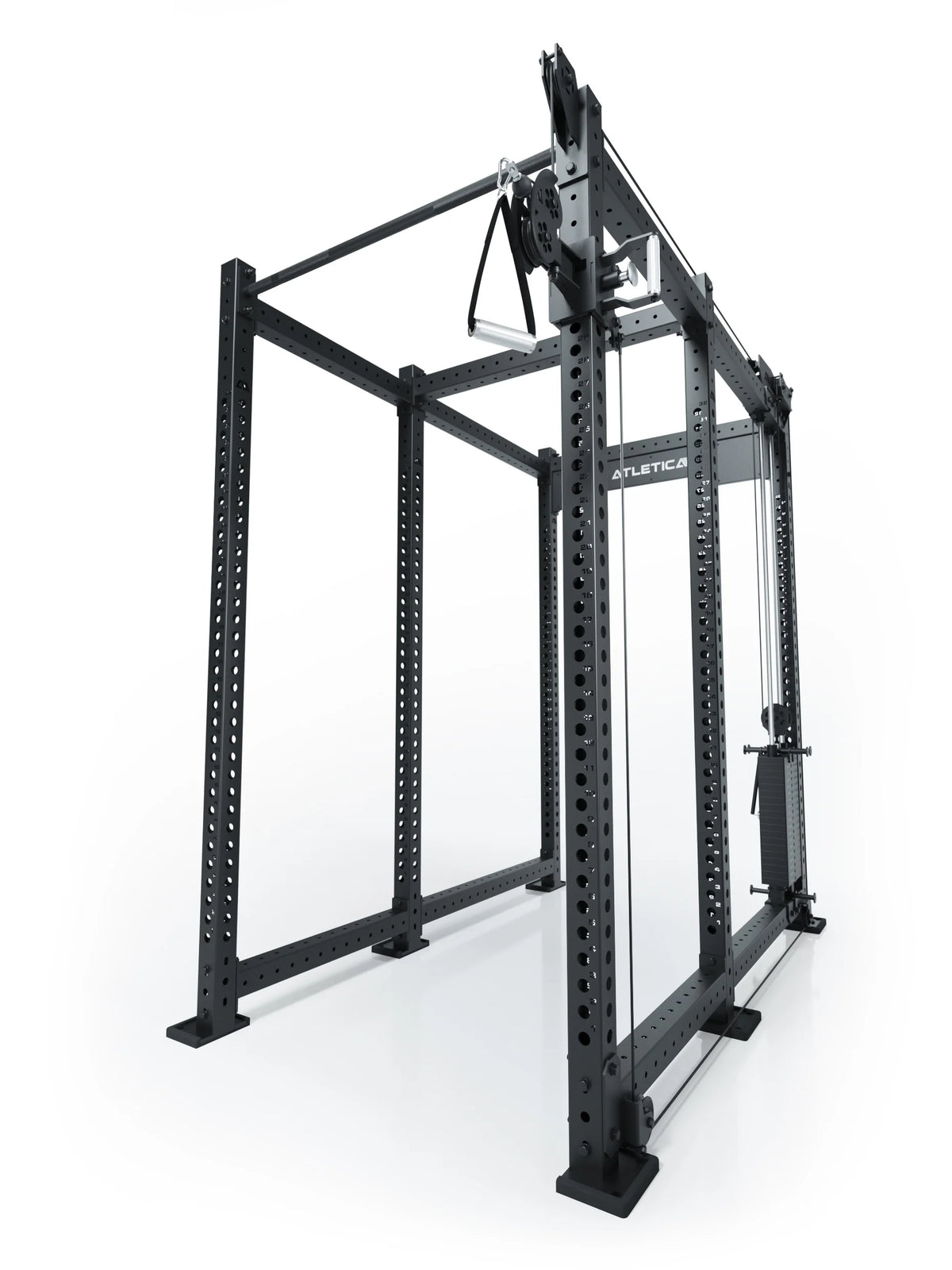 Atletica R8 Bradley 210 lb cable pulley attachment, right, 30.5-inch crossbar, on black rack, angled view