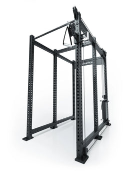 Atletica R8 Bradley 190 lb cable pulley attachment, right, 30.5-inch crossbar, on black rack, angled view