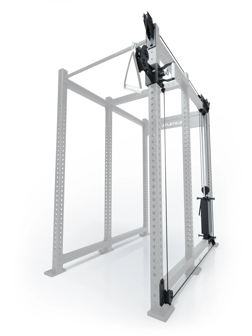 Atletica R8 Bradley 190 lb cable pulley attachment, right side, 30.5-inch crossbar, position 6, angled view