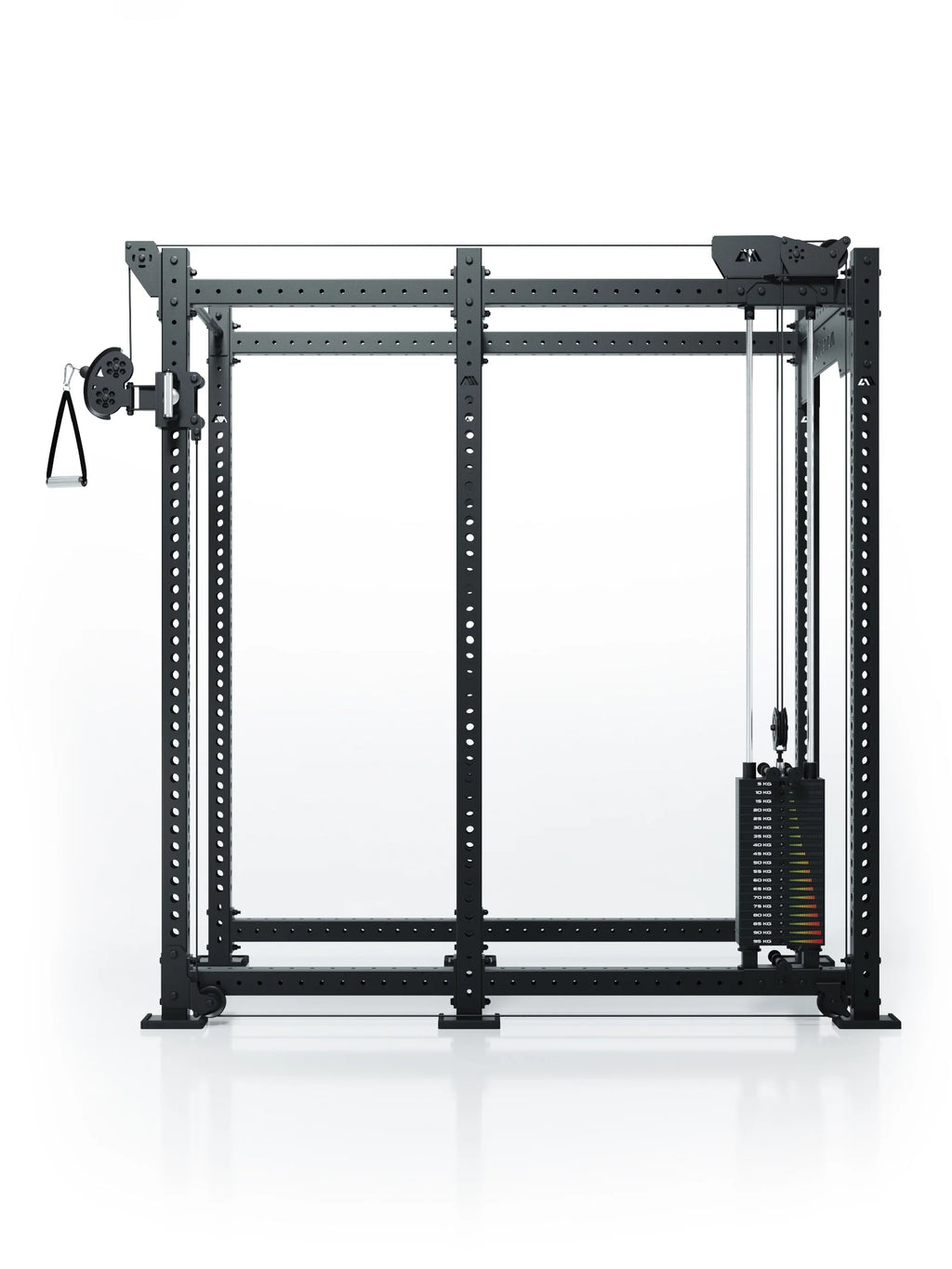 Atletica R8 Bradley 190 lb cable pulley attachment, right, 30.5-inch crossbar, on black rack, front view