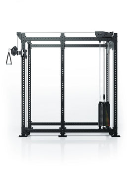 Atletica R8 Bradley 190 lb cable pulley attachment, right, 30.5-inch crossbar, on black rack, front view