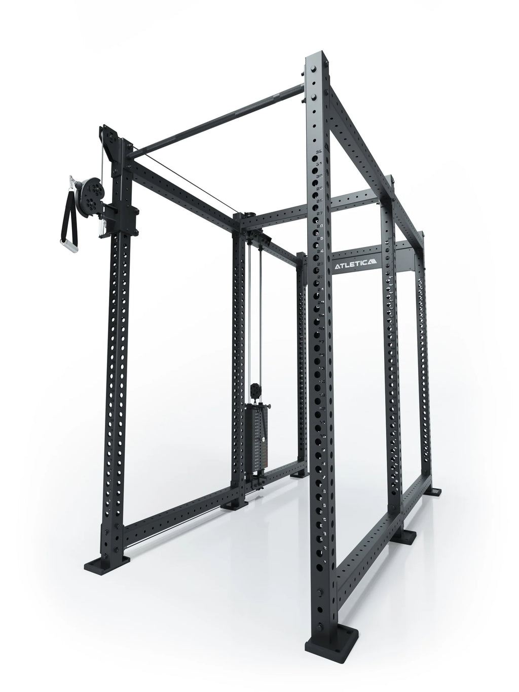 Atletica R8 Bradley 190 lb cable pulley attachment, left, 43-inch crossbar, position 4, angled view on black rack