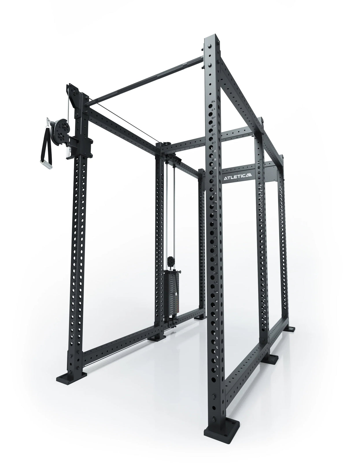 Atletica R8 Bradley 210 lb cable pulley attachment, left, 43-inch crossbar, position 4, angled view on black rack