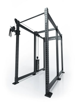 Atletica R8 Bradley 190 lb cable pulley attachment, left, 43-inch crossbar, position 4, angled view on black rack