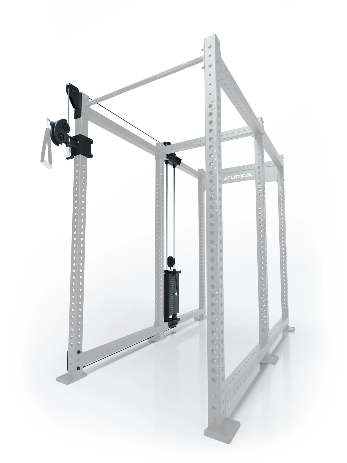 Atletica R8 Bradley 210 lb cable pulley attachment, left side, 43-inch crossbar, position 4, alternate angled render