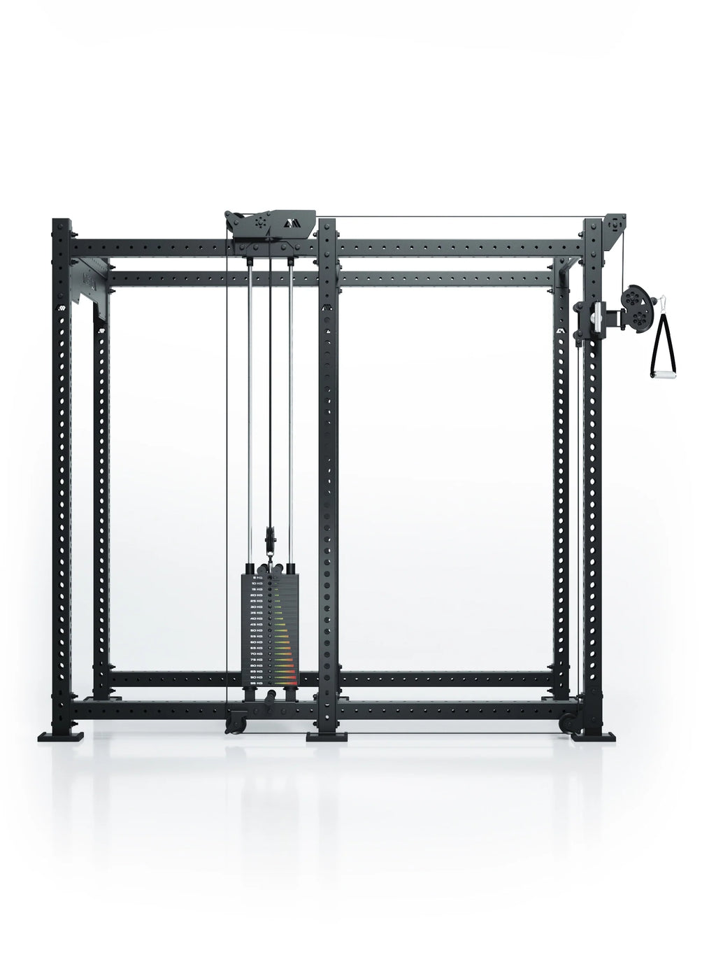 Atletica R8 Bradley 190 lb cable pulley attachment, left, 43-inch crossbar, position 4, front view on black rack