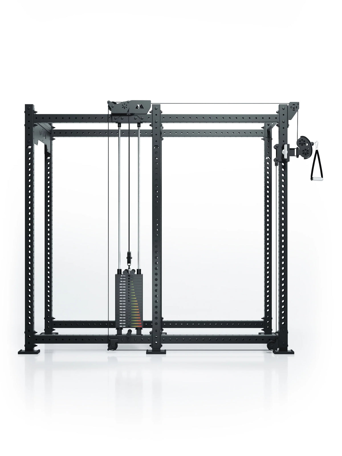 Atletica R8 Bradley 210 lb cable pulley attachment, left, 43-inch crossbar, position 4, front view on black rack
