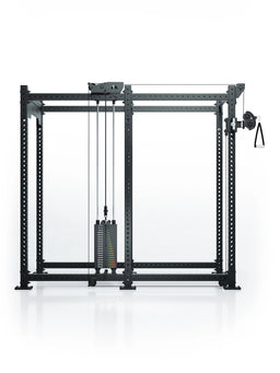 Atletica R8 Bradley 190 lb cable pulley attachment, left, 43-inch crossbar, position 4, front view on black rack